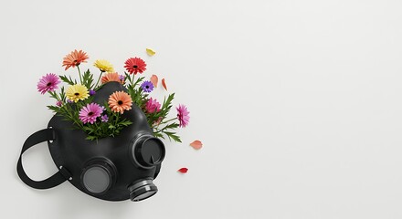 Fototapeta premium Hope Blooms Even in Darkness: A Gas Mask Adorned with Vibrant Flowers