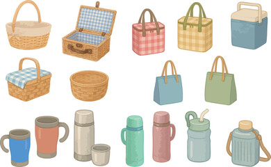 Leisure and Picnic Items Illustration Set – Basket, Cooler, Bottles, and Outdoor Essentials