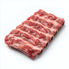 Obraz premium Fresh raw beef ribs arranged neatly on a white background.