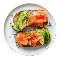 Avocado and smoked salmon toast on white plate isolated on transparent background