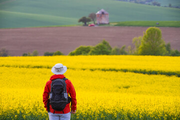 Man enjoying gorgeous rural landscape in South Moravia region, Czech Republic