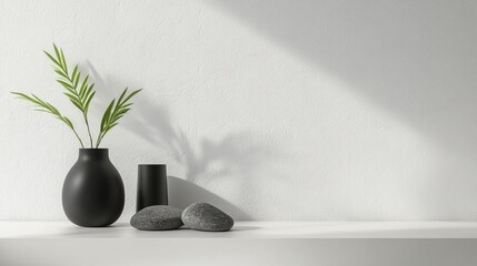 A simple white background with a three-dimensional textured wall, a black vase on the left side of the podium, and a green plant in it, gray rocks under or near the shelf