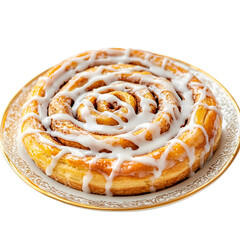 Fototapeta premium Freshly baked cinnamon roll plate with gooey icing isolated on transparent background