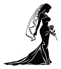 Elegant Bride Silhouette with Veil and Rose in Vector Design