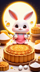 A cute white rabbit makes a 3D illustration of a mooncake with a yellow full moon background