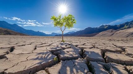 A small tree growing in the middle of a cracked desert, with mountains and a blue sky in the background, green leaves, dry land, loneliness, and hope.