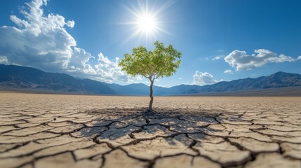 A small tree growing in the middle of a cracked desert, with mountains and a blue sky in the background, green leaves, dry land, loneliness, and hope.