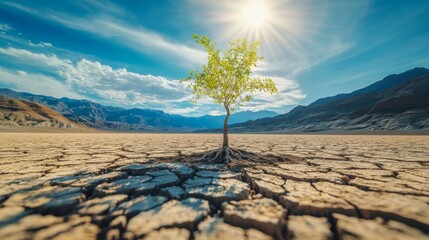 A small tree growing in the middle of a cracked desert, with mountains and a blue sky in the background, green leaves, dry land, loneliness, and hope.