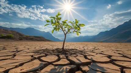 A small tree growing in the middle of a cracked desert, with mountains and a blue sky in the background, green leaves, dry land, loneliness, and hope.