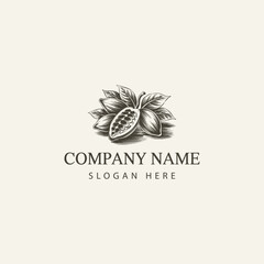 Fototapeta premium Vintage Engraved Cocoa Pod and Leaves Illustration Elegant Logo Design