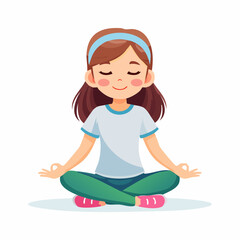 Girl sitting peacefully in a seated yoga pose with eyes closed and hands resting on knees, expressing calmness and mindfulness, vector style.