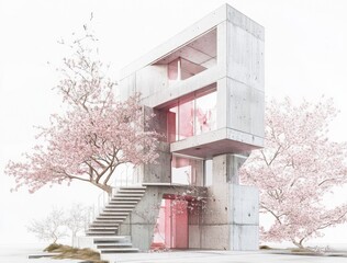 A tiny home built on the side of an office building, made from concrete and steel with pink accents. It is a multi-story structure with angular geometry and stairs leading up to it