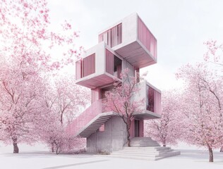 A tiny home built on the side of an office building, made from concrete and steel with pink accents. It is a multi-story structure with angular geometry and stairs leading up to it
