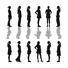Twelve female silhouettes in various poses and reflections