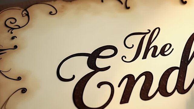 Elegant cursive &ldquo;The End&rdquo; on a parchment paper with a feather quill beside it. Classic storybook closing page.