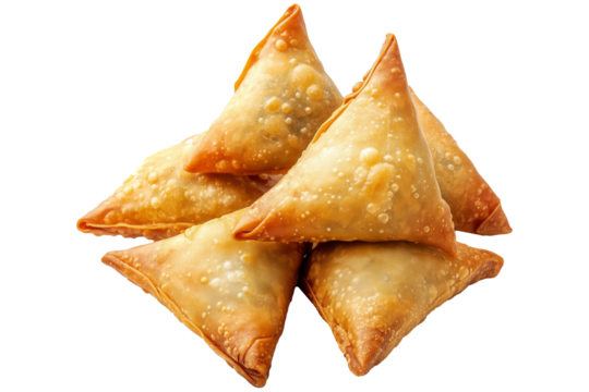 Golden brown crispy samosas isolated on white transparent background, traditional Indian snack concept with fried texture