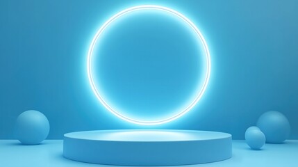  A D Render of a Blue Background Podium with a White Glowing Neon Circle Frame for Product Presentation, Offering a Minimalistic Design Mockup in a Light Blue Color Theme
