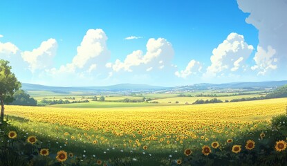 A vast field of sunflowers, with rows upon rows stretching as far as the eye can see under clear blue skies. The vibrant yellow flowers stand out against the bright sky and green fields below