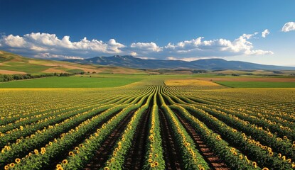 A vast field of sunflowers, with rows upon rows stretching as far as the eye can see under clear blue skies. The vibrant yellow flowers stand out against the bright sky and green fields below