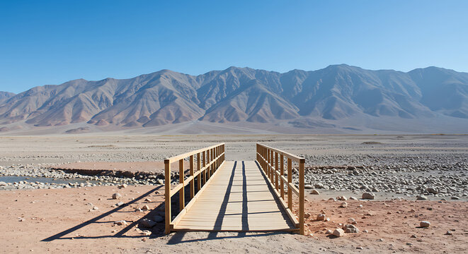 Wooden bridge spanning a dry riverbed against a backdrop of majestic mountain ranges