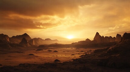 Naklejka premium Majestic Martian vista with towering rocks and a vibrant golden sunset backdrop