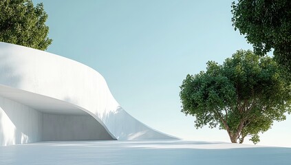 A white concrete wall with curved lines and trees on the right side, a clear sky background