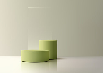 modern green cylindrical pedestal mockup on reflective surface, minimal product display showcase 3d