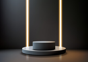 minimalist modern 3d two tiered circular pedestal display in gray and white with dramatic lighting technology concept mockup