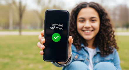 Smiling Teenager Holding Smartphone Showing Perfect Approved Message on Green Screen in Outdoor Park