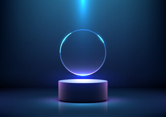 futuristic blue neon ring on dark background, glowing 3d circular pedestal, technology concept, product display mockup, sci fi showcase