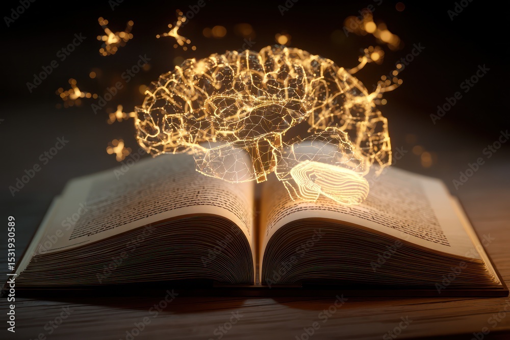Poster open book with glowing neural network patterns, symbolizing the connection between brain and knowled