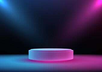 futuristic glowing 3d podium with blue pink spotlight in dark room for tech presentation or product showcase