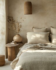 Tactile silence retreat bedroom with raw linen bedding, beige clay wall, and handcrafted ceramic lamp Textural Neutral Calm Interiors Natural Silence-Focused Design