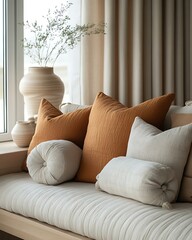 Fototapeta premium Tactile silence retreat combining clay-colored cushions, sculptural bedding layers, and natural acoustics Textural Neutral Calm Interiors Natural Silence-Focused Design
