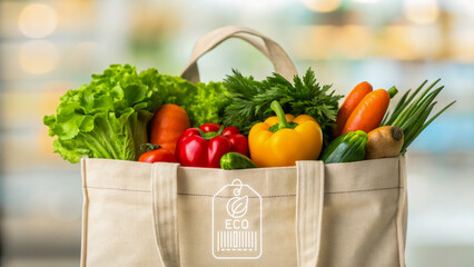 Reusable bag waste reduction strategy with fresh vegetable shopping for eco friendly lifestyle