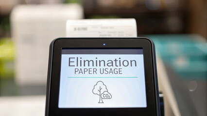 Waste reduction strategy is shown on digital screen promoting elimination of paper usage