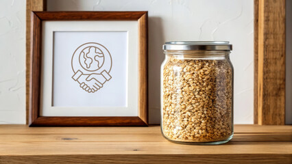 Waste reduction strategy concept with glass jar of grains and eco handshake artwork wooden shelf