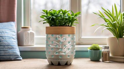 Waste reduction strategy shown by upcycled planter with green plant on windowsill indoors