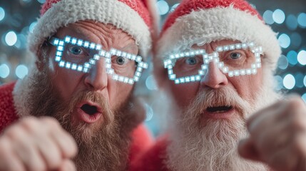 Two men in Santa hats and pixelated glasses tugging at opposite ends of holiday lights on a bokeh-blurred white background