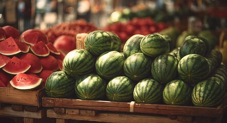 Bustling rustic market stall with an overflowing display of whole and sliced watermelons surrounded by warm sunlight and natural colors