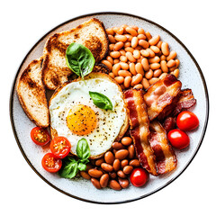 Hearty English breakfast plate with fried eggs isolated on transparent background