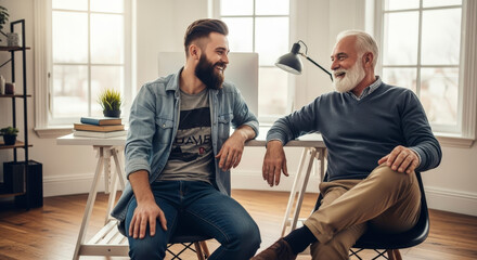 Two Men in Office Interior Smiling During Conversation Discussing Business Issues Working Together in Modern Workplace