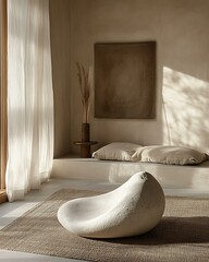 Tactile silence retreat bedroom with raw linen bedding, beige clay wall, and handcrafted ceramic lamp Textural Neutral Calm Interiors Natural Silence-Focused Design