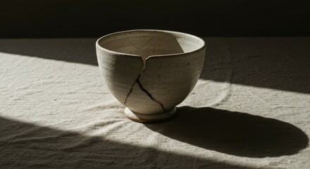 Minimalist still life of a cracked ceramic bowl on textured fabric, bathed in dramatic light and shadow. Capturing the beauty of imperfection and w...