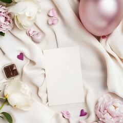 Blank card rests on elegant white fabric surrounded by pink and white flowers, heart shaped decorations, and piece of chocolate, creating romantic and serene atmosphere