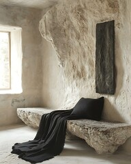 Neo-archaic minimal chamber in near-monochrome scheme, with stone bench and soot-black wool blanket Primitive-Modern Fusion Interiors Stone Wood Ritualist Aesthetic