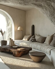 Neo-archaic minimal chamber with bone-colored clay lamps, rugged rock slab side table, and ash gray textiles Primitive-Modern Fusion Interiors Stone Wood Ritualist Aesthetic