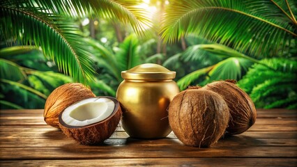 Vintage Coconut & Golden Jar Still Life Photography - Tropical Island Scene