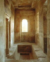 Neo-archaic minimal chamber with recessed alcove niche, troweled walls, and ancient motif carvings Primitive-Modern Fusion Interiors Stone Wood Ritualist Aesthetic