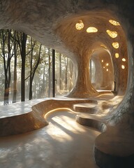 Forest mind pod room combining sculptural natural elements, shadow-soft lighting, and tranquil nesting palette Sensory Forest Cocoon Design Organic Minimal Sleep Sanctuary